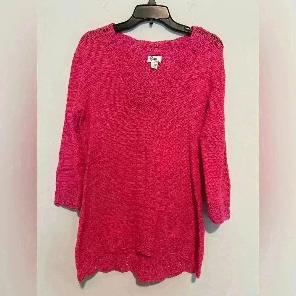 Lilly Pulitzer Women's L Pink Knit Tunic Crochet Beach Coverup 100% Cotton